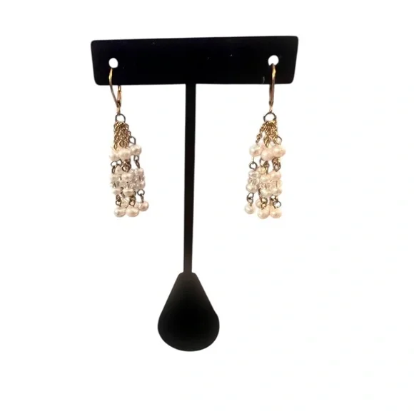 Gold Tone Pearl Dangle Earrings | Beaded Fringe Drop | Statement Earring - Picture 2 of 5